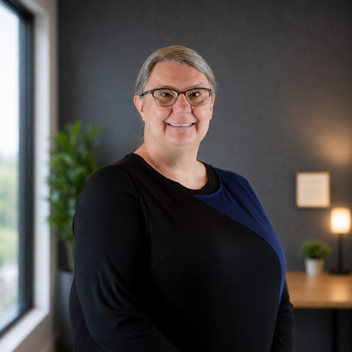 Smiling woman with gray hair and glasses standing in a modern office setting.